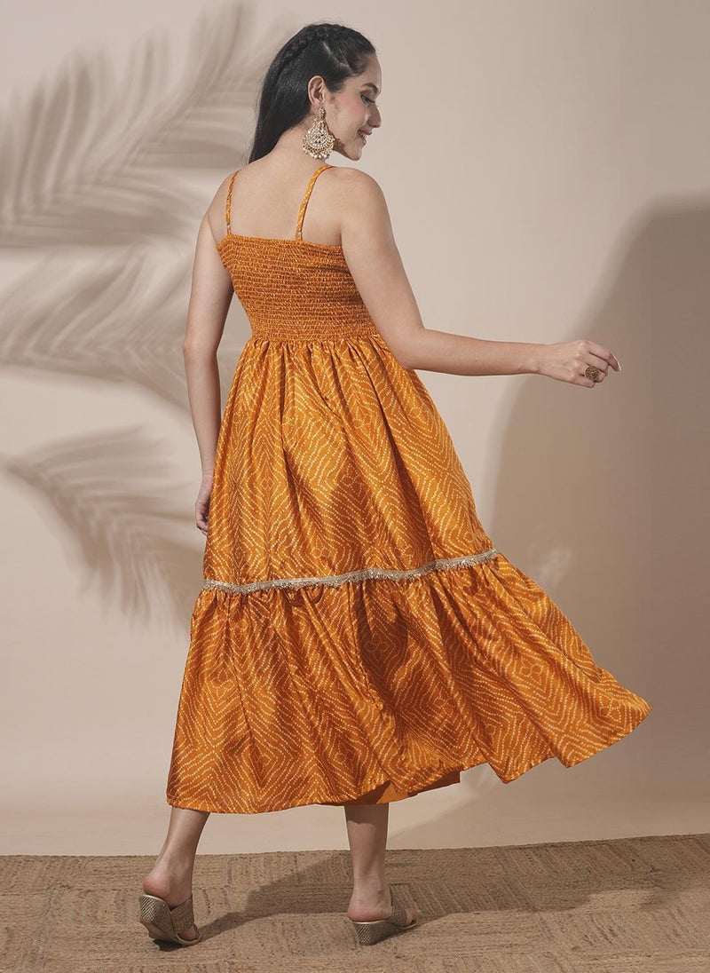 Globus Women's Ochre Bandhani Print Festive Ethnic Dress with Square Neck Shoulder and Smocked Design - Image 4