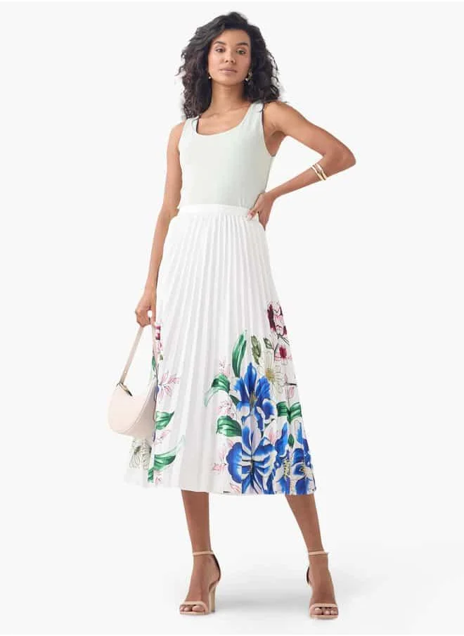 2Xtremz 2Xtremz Floral Print Pleated Midi Skirt with Elasticated Waistband