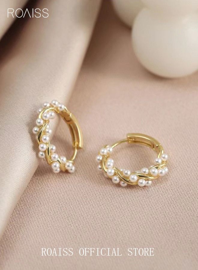 roaiss 1 Pair of Pearls Earrings Baroque Simple Fashion Ins Style Sweet Exquisite Elegant Alloy Dangle Ear Drop Hoops Studs Gift for Women Ladies Girls Golden - Image 3