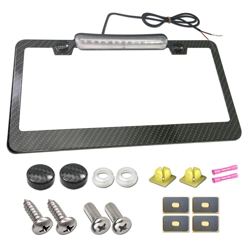 AOOTF License Plate Frame with Light Bar Assembly- License Plate Light Lamp Bulbs & Aluminium Carbon Fiber Car Tag Holder Mount Kit for Truck SUV Trailer, 12V Waterproof White, Screws Caps - Image 1