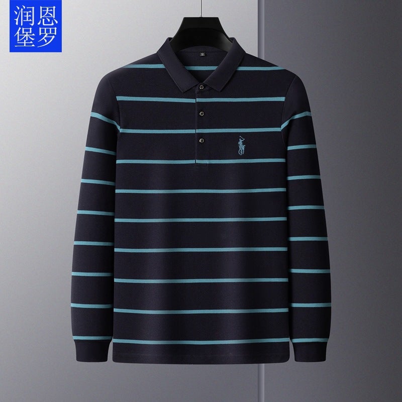 Runenboro autumn and winter lapel men's long sleeve T-shirt striped positioning men's T-shirt base shirt top spot wholesale - Image 5