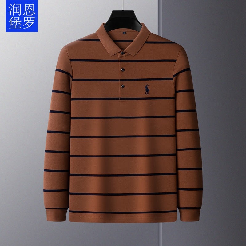 Runenboro autumn and winter lapel men's long sleeve T-shirt striped positioning men's T-shirt base shirt top spot wholesale - Image 1