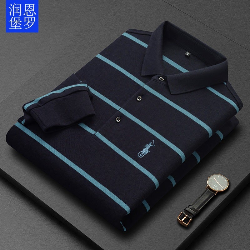 Runenboro autumn and winter lapel men's long sleeve T-shirt striped positioning men's T-shirt base shirt top spot wholesale - Image 2