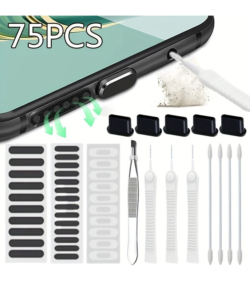 75pcs Phone Charging Port Cleaning Kit Compatible With Multiple Devices Speaker Dustproof Mesh Stickers Cleaning Set - Image 1