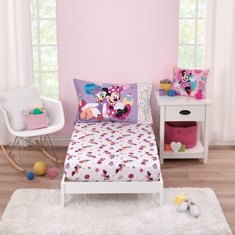 NoJo Disney Minnie Mouse Let's Party Pink, Lavender, and White Balloons, Cupcakes, and Confetti 2 Piece Toddler Sheet Set - Fitted Bottom Sheet and Reversible Pillowcase - Image 1