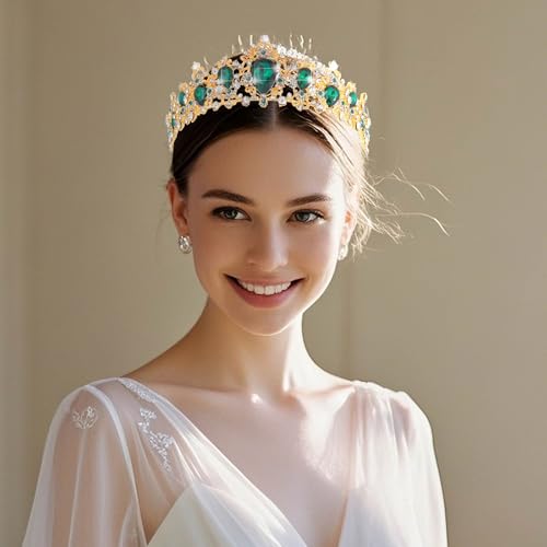 Kamirola Baroque Queen Crown,Rhinestone Wedding Bridal Crown and Tiaras Crystal Headband For St. Patrick's Day Birthday Prom Pageant Party halloween Chrismas (TR05) (Green05) - Image 2