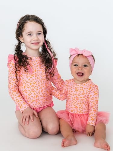 RuffleButts Baby Girls UPF 50+ Sun Protection Tulle Skirted Long Sleeve One Piece Rash Guard Swimsuit - Pink Leopard, 18-24m - Image 3