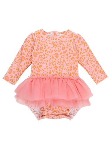 RuffleButts Baby Girls UPF 50+ Sun Protection Tulle Skirted Long Sleeve One Piece Rash Guard Swimsuit - Pink Leopard, 18-24m - Image 1