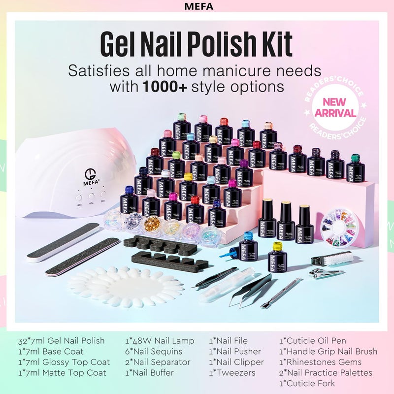 MEFA 56 Pcs Gel Nail Polish Kit with U V Light, 32 Colors Hot Pink Colorful Gel Nail Kit Glitter nail Polish Set Nail Art Decorations Manicure Tools DIY Gifts - Image 5