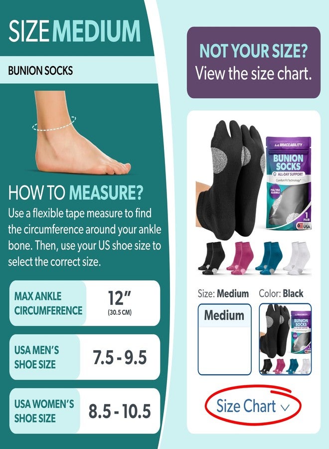 BraceAbility Bunion Relief Socks - Split-Toe Bunion Socks for Women and Men with Arch Support, Big Toe Separator, Hallux Valgus and Bunionette Relief, Left and Right Fit (1 Pair, M - Black) - Image 2