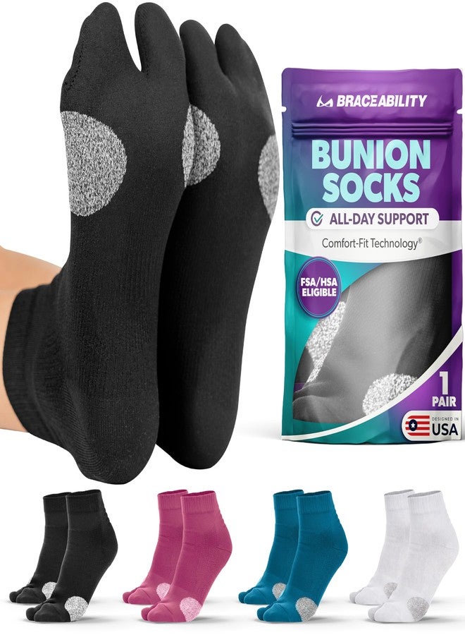 BraceAbility Bunion Relief Socks - Split-Toe Bunion Socks for Women and Men with Arch Support, Big Toe Separator, Hallux Valgus and Bunionette Relief, Left and Right Fit (1 Pair, M - Black) - Image 1