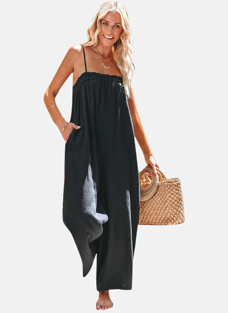 يونيكي Black Solid Relaxed Fit Off-shoulder Jumpsuit