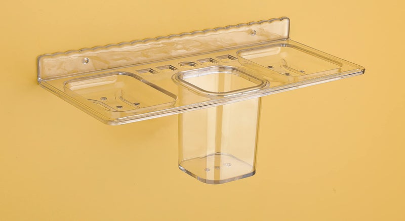 iSTAR Plastic Multi Use ABS 4 In 1 Multipurpose Double Soap Dish With Tumbler Holder Sleek Design Bathroom Shelf Soap Holder/Toothbrush Holder For Washbasin,Bathroom(Pack Of 1,Clear) - Image 3