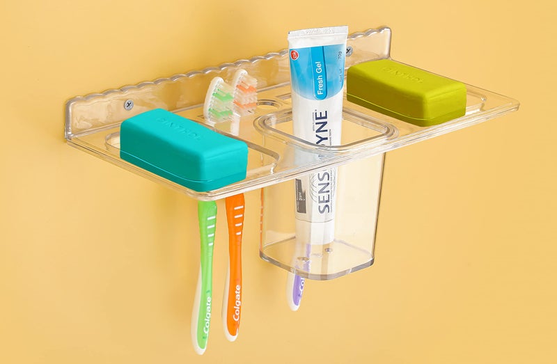 iSTAR Plastic Multi Use ABS 4 In 1 Multipurpose Double Soap Dish With Tumbler Holder Sleek Design Bathroom Shelf Soap Holder/Toothbrush Holder For Washbasin,Bathroom(Pack Of 1,Clear) - Image 4