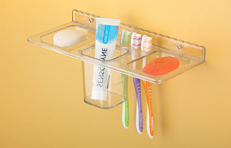 iSTAR Plastic Multi Use ABS 4 In 1 Multipurpose Double Soap Dish With Tumbler Holder Sleek Design Bathroom Shelf Soap Holder/Toothbrush Holder For Washbasin,Bathroom(Pack Of 1,Clear) - Image 5