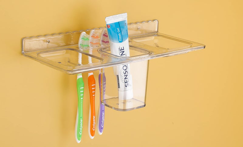 iSTAR Plastic Multi Use ABS 4 In 1 Multipurpose Double Soap Dish With Tumbler Holder Sleek Design Bathroom Shelf Soap Holder/Toothbrush Holder For Washbasin,Bathroom(Pack Of 1,Clear) - Image 2