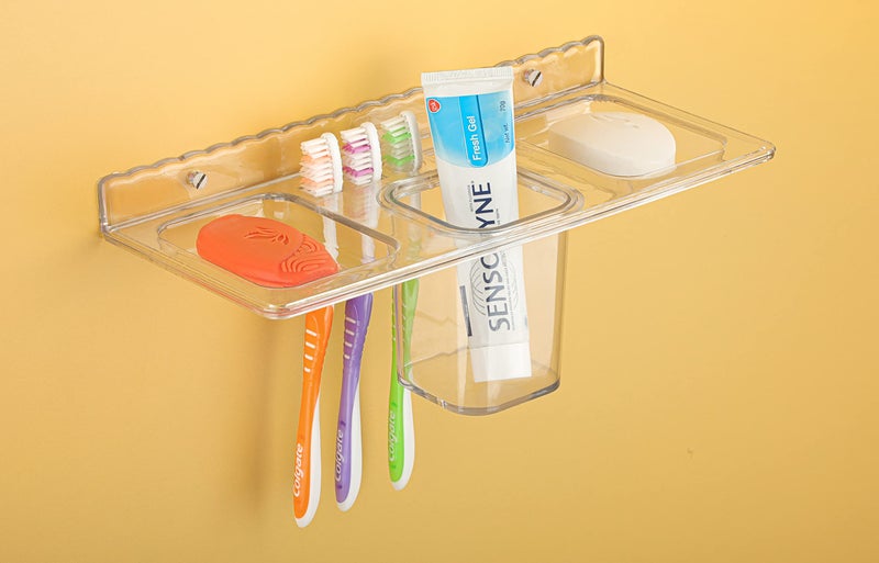 iSTAR Plastic Multi Use ABS 4 In 1 Multipurpose Double Soap Dish With Tumbler Holder Sleek Design Bathroom Shelf Soap Holder/Toothbrush Holder For Washbasin,Bathroom(Pack Of 1,Clear) - Image 1