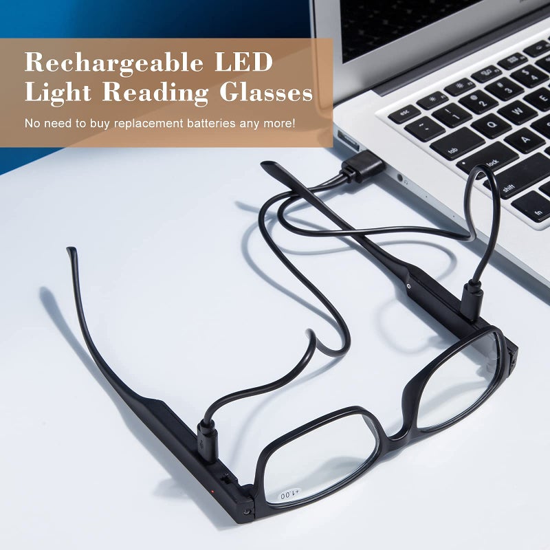 OKH LED Reading Glasses with Light Rechargeable Women Men Anti Blue Light Reader Eyeglasses (Rectangle Black, 2.0X) - Image 2