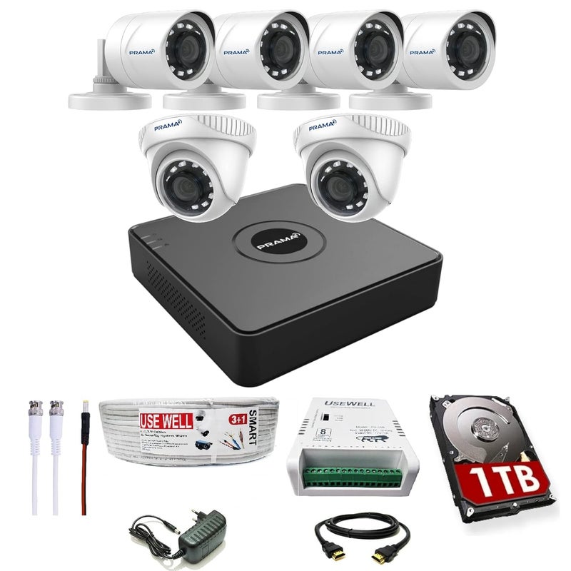 PRAMA مجموعة كاميرات CCTV بدقة 2 ميجابكسل عالية الوضوح مع DVR 8 قنوات 4 كاميرات خارجية 2 داخلية 1 تيرابايت HDD USEWELL WireSMPS والملحقات المطلوبة كشف الحركة باللون الأسود - Image 1