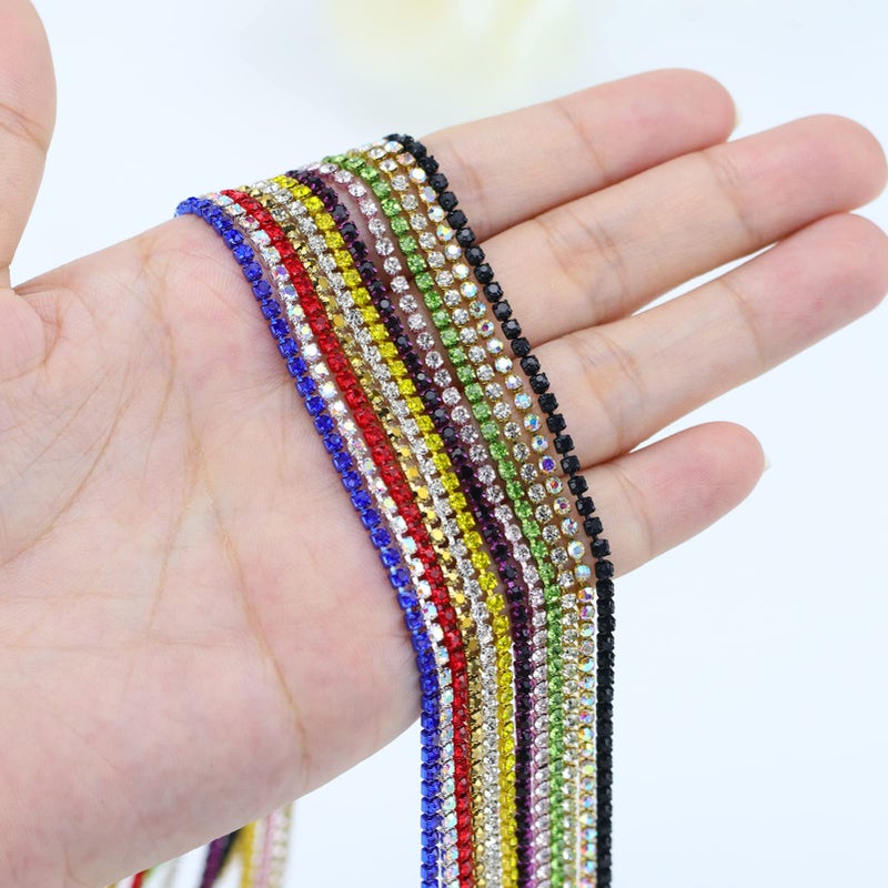 Dowarm 12 Yards 2MM Crystal Rhinestone Close Chain Trim, 12 Colors Rhinestone Chain for Sewing Crocs Shoes Clothes Cups, Craft Jewelry Wedding Bouquet DIY Decoration, SS6, 12 Colors - Image 2