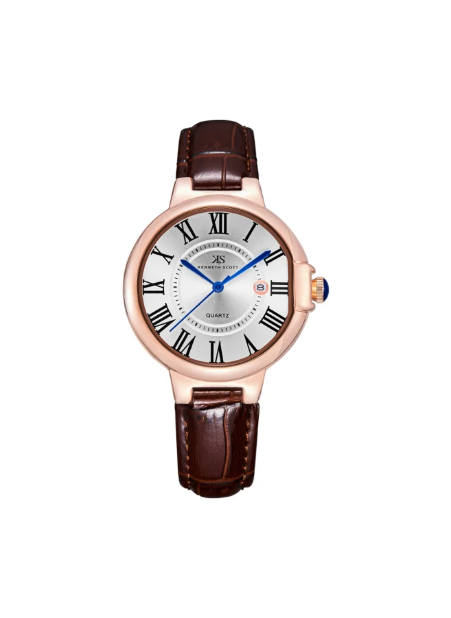 كينيث سكوت Women's Analog Display Watch With Dark Brown Genuine Leather  Strap - K23553-RLDW