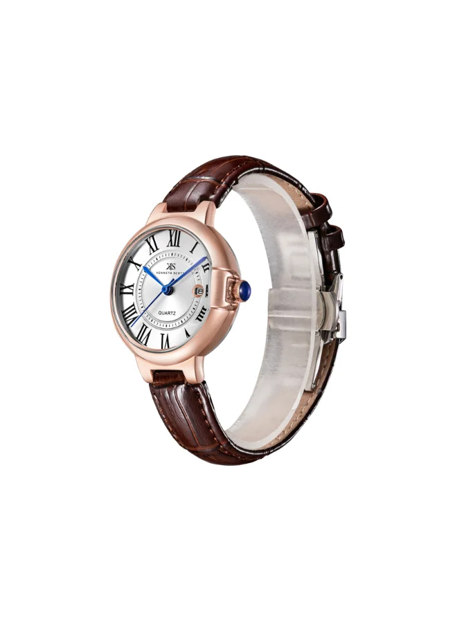 كينيث سكوت Women's Analog Display Watch With Dark Brown Genuine Leather  Strap - K23553-RLDW