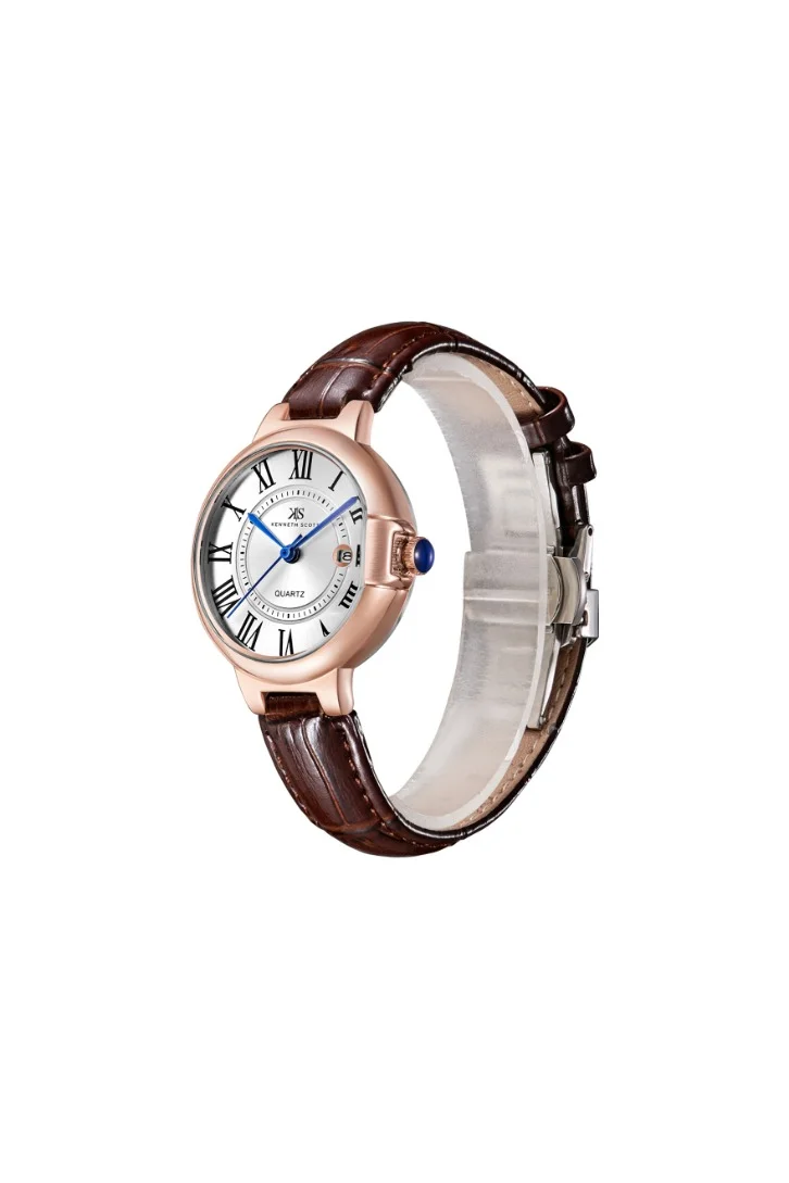 كينيث سكوت Women's Analog Display Watch With Dark Brown Genuine Leather  Strap - K23553-RLDW