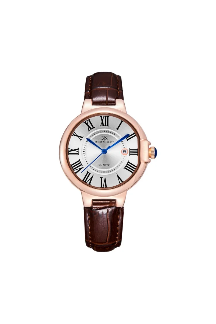 كينيث سكوت Women's Analog Display Watch With Dark Brown Genuine Leather  Strap - K23553-RLDW