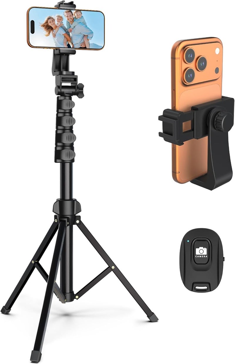 64 Inch Tripod Stand for Mobile Phone And Camera With Remote Control And Phone Holder Aluminum Alloy And Stainless Steel Compatible With iPhone Android And Cameras Black - Image 1