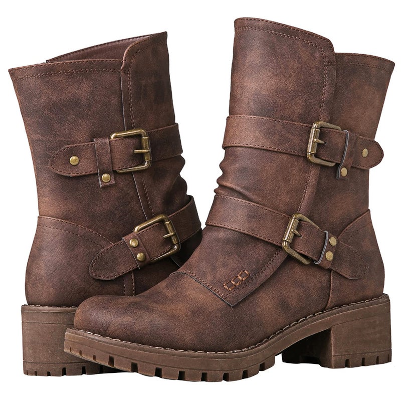 GLOBALWIN Lace up Mid Calf Motorcycle Fashion Festival Boots Combat Riding Military Boots for Women Brown Size 8 - Image 2