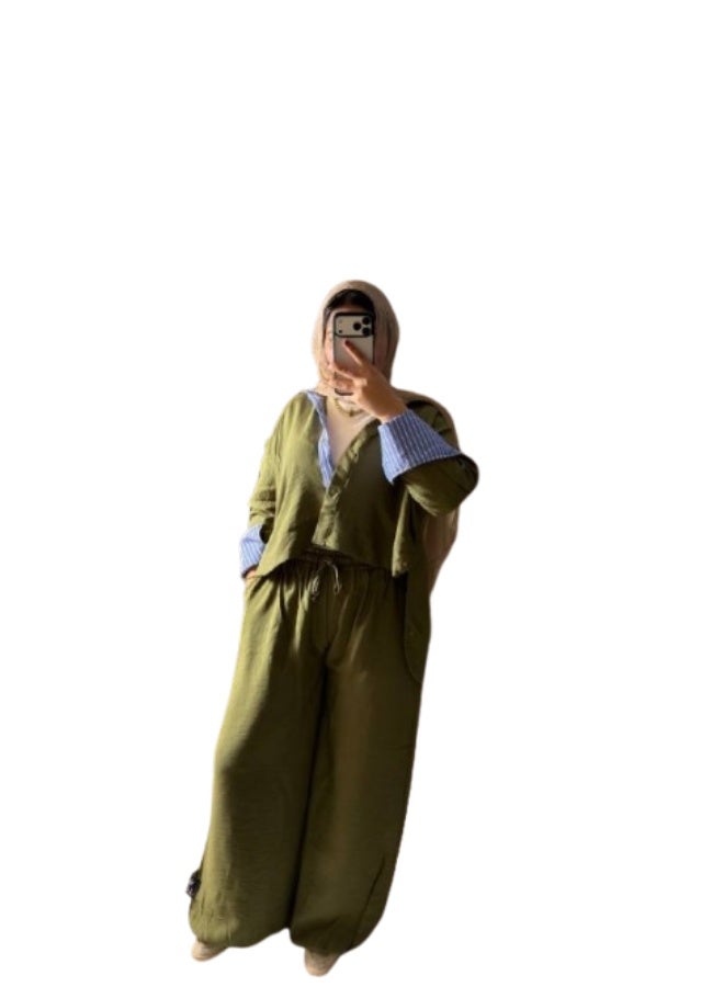 Women's Two-Piece Striped Casual Set, Layered Shirt with a Modern Design, Imported Treated Linen Fabric, Comfortable for Outings, University, and Travel, One Size Fits Up to 85 kg, Code 4078 - Image 1
