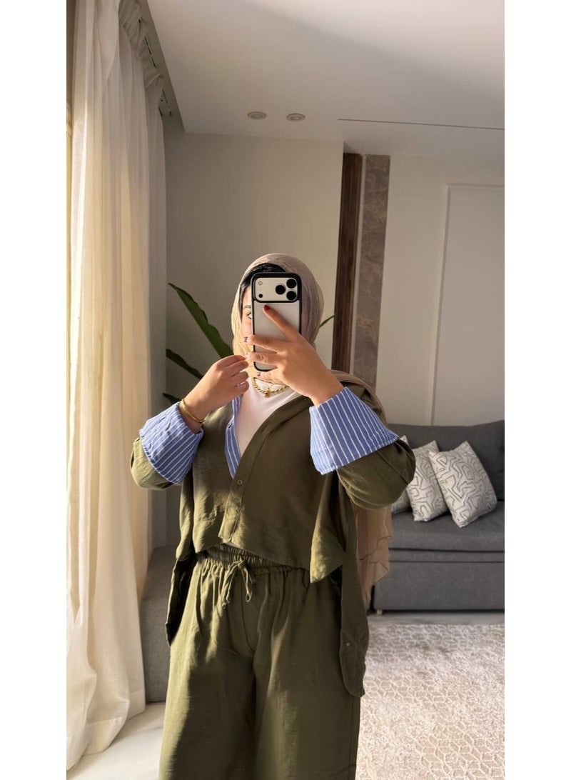 Women's Two-Piece Striped Casual Set, Layered Shirt with a Modern Design, Imported Treated Linen Fabric, Comfortable for Outings, University, and Travel, One Size Fits Up to 85 kg, Code 4078 - Image 4