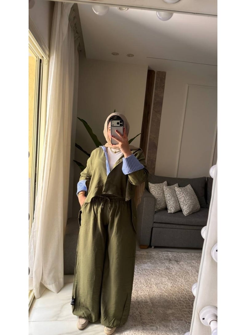 Women's Two-Piece Striped Casual Set, Layered Shirt with a Modern Design, Imported Treated Linen Fabric, Comfortable for Outings, University, and Travel, One Size Fits Up to 85 kg, Code 4078 - Image 3