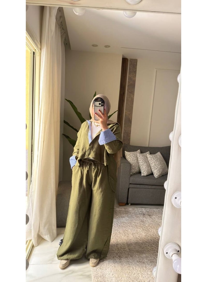Women's Two-Piece Striped Casual Set, Layered Shirt with a Modern Design, Imported Treated Linen Fabric, Comfortable for Outings, University, and Travel, One Size Fits Up to 85 kg, Code 4078 - Image 2