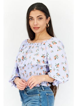1 State Women Boat Neck Floral Tops, Lavender  - Image 2