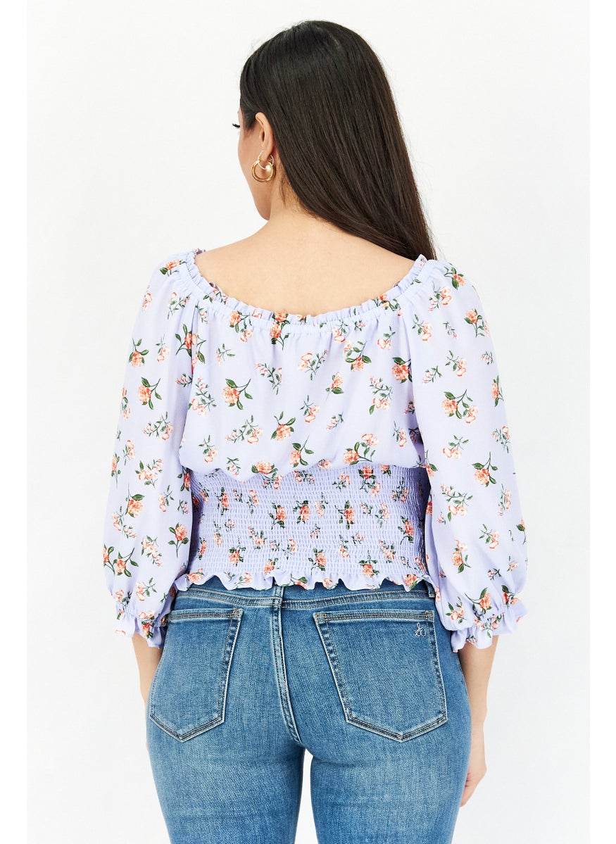 1 State Women Boat Neck Floral Tops, Lavender  - Image 3