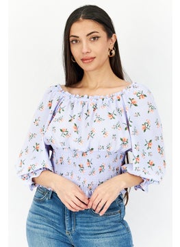 1 State Women Boat Neck Floral Tops, Lavender  - Image 1