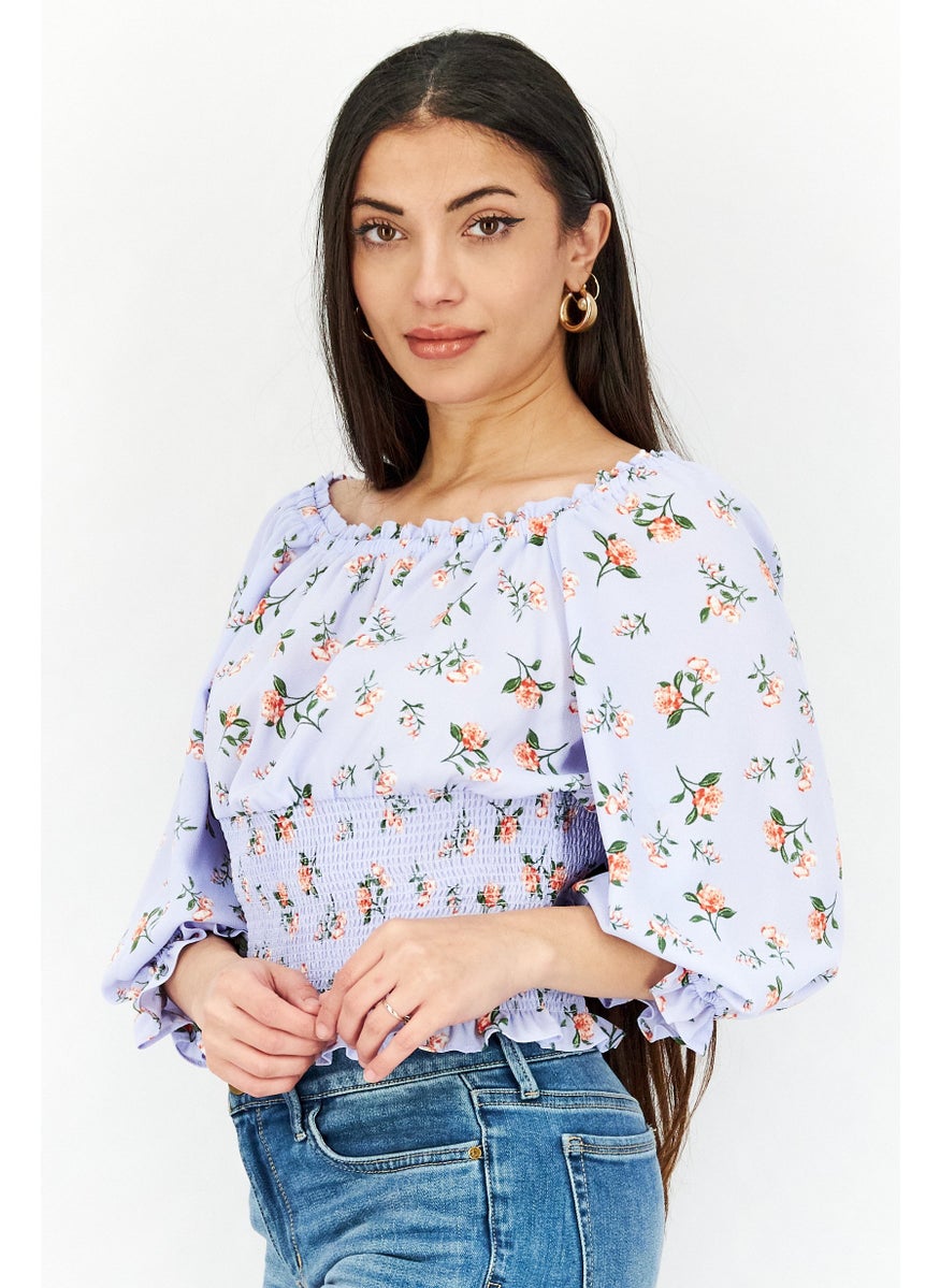 1 State Women Boat Neck Floral Tops, Lavender  - Image 2
