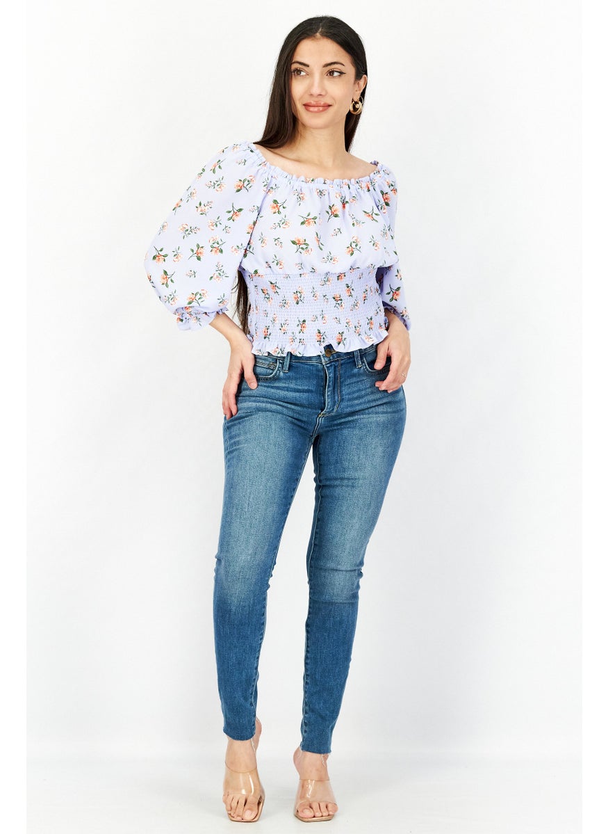1 State Women Boat Neck Floral Tops, Lavender  - Image 4