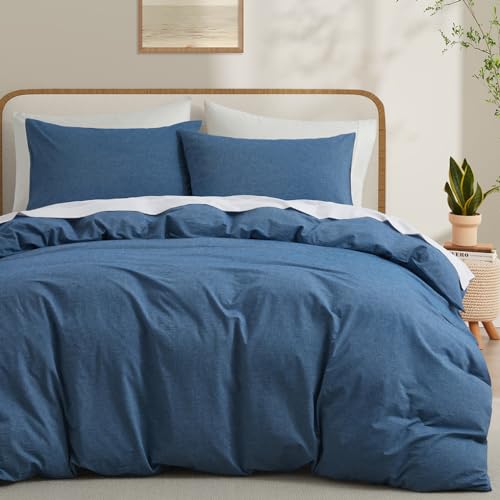 LOVQUE 100 Washed Cotton Duvet Cover Twin Size Denim Blue FadeResistant Natural Bedding Set No Comforter 68x90 Inches
