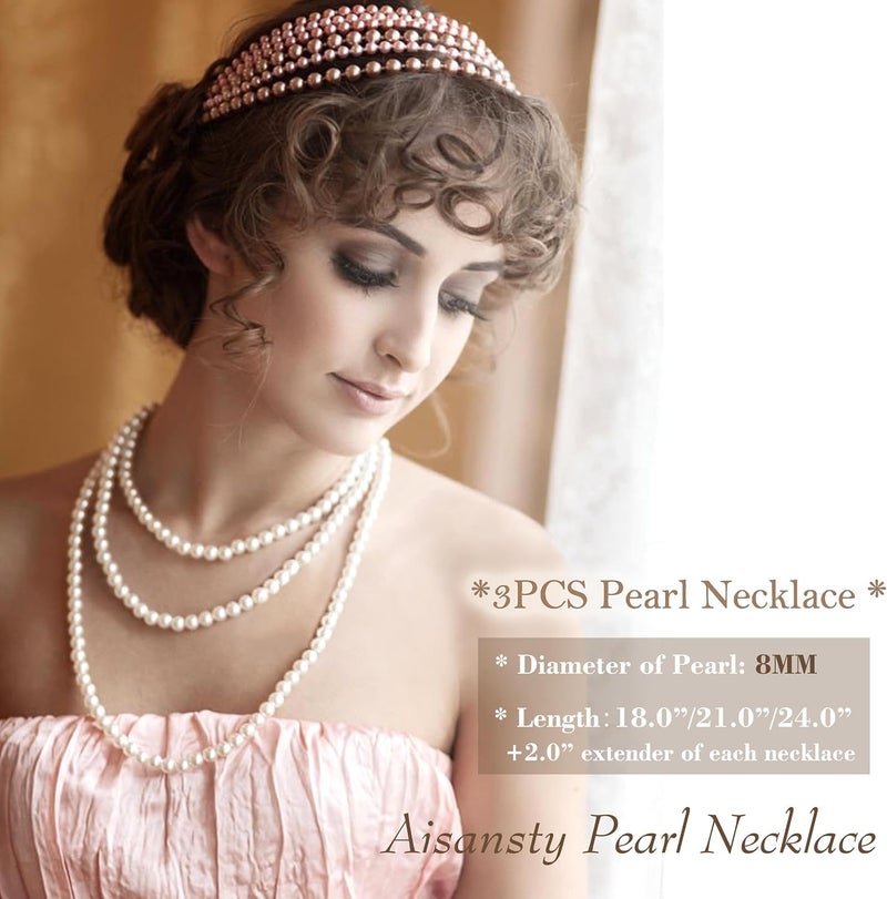 Aisansty Long Pearl Necklaces for Women Cream White Faux Pearl Strand Layered Necklace Costume Jewelry - Image 2