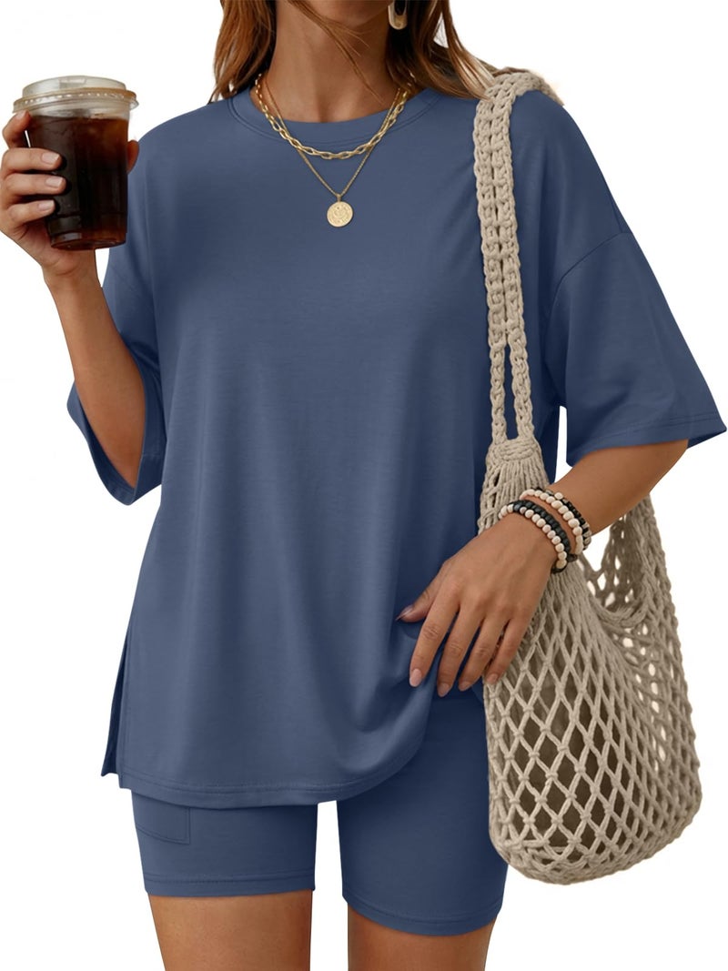 LILLUSORY Womens Lounge Sets Shorts 2 Piece Matching Pajamas Summer Travel Cruise Outfits 2026 Casual Oversized Sweatsuits Gym Workout Spring Clothes DarkBlue M - Image 1