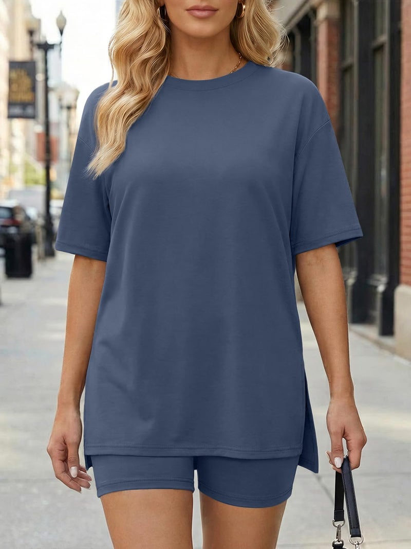 LILLUSORY Womens Lounge Sets Shorts 2 Piece Matching Pajamas Summer Travel Cruise Outfits 2026 Casual Oversized Sweatsuits Gym Workout Spring Clothes DarkBlue M - Image 2