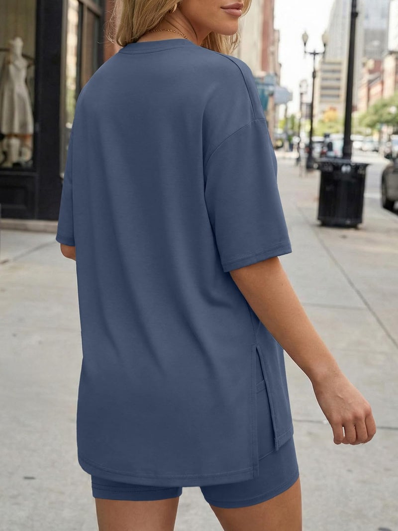 LILLUSORY Womens Lounge Sets Shorts 2 Piece Matching Pajamas Summer Travel Cruise Outfits 2026 Casual Oversized Sweatsuits Gym Workout Spring Clothes DarkBlue M - Image 4