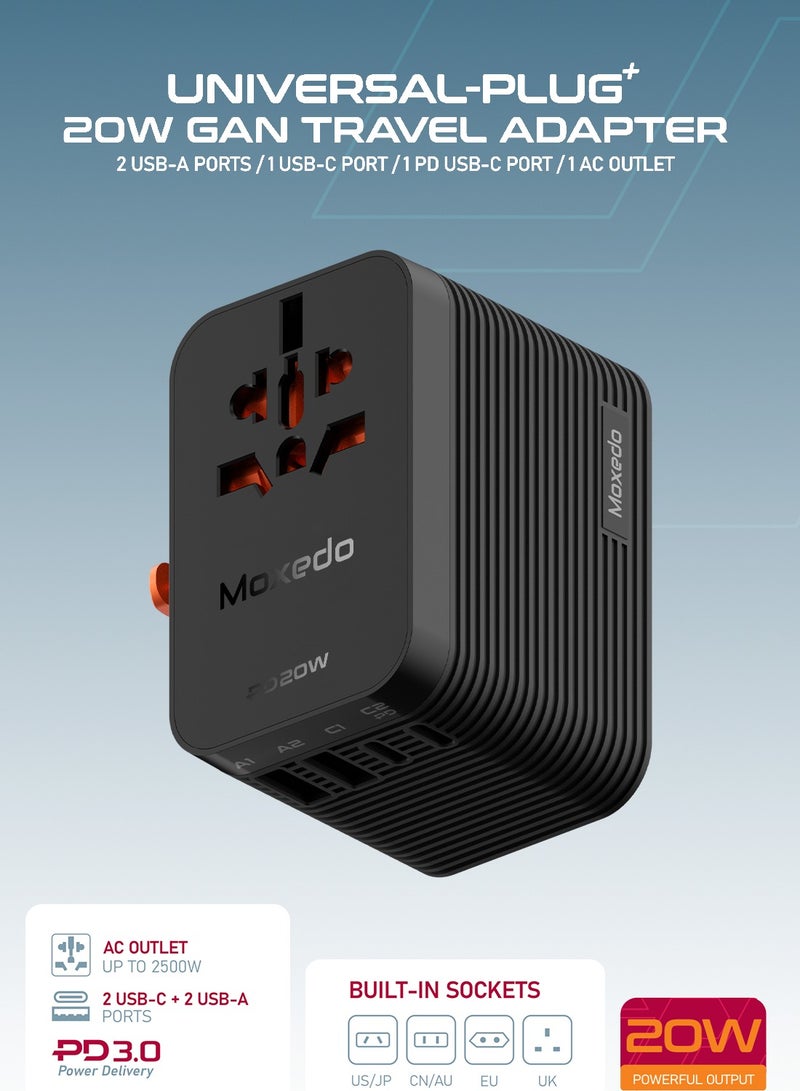 Moxedo Universal- Plug + 20W GaN Travel Adapter AC Outlet Plug Adapter Wall Charger with Ultra-Fast 2 USB-A Port/ 2 USB-C Ports PD 3.0 for UK EU US AU All Countries - Image 2