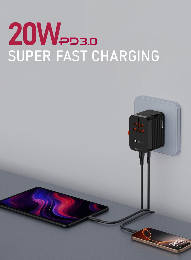 Moxedo Universal- Plug + 20W GaN Travel Adapter AC Outlet Plug Adapter Wall Charger with Ultra-Fast 2 USB-A Port/ 2 USB-C Ports PD 3.0 for UK EU US AU All Countries - Image 4