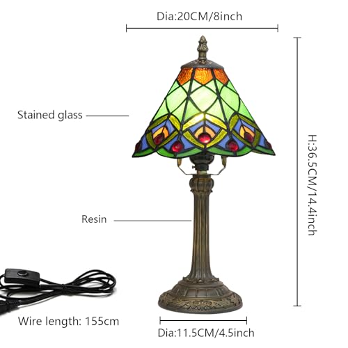 Blivuself Green Small Tiffany Lamp Stained Glass Table lamp Peacock Tail Bedroom Bedside Light for Living Room Dormitory Bar Retro Style Unique Cute funky Accent Decor Cottage 8" Village gift Nightstand Lamp - Image 3