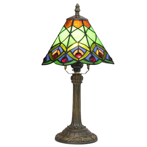 Blivuself Green Small Tiffany Lamp Stained Glass Table lamp Peacock Tail Bedroom Bedside Light for Living Room Dormitory Bar Retro Style Unique Cute funky Accent Decor Cottage 8" Village gift Nightstand Lamp - Image 1