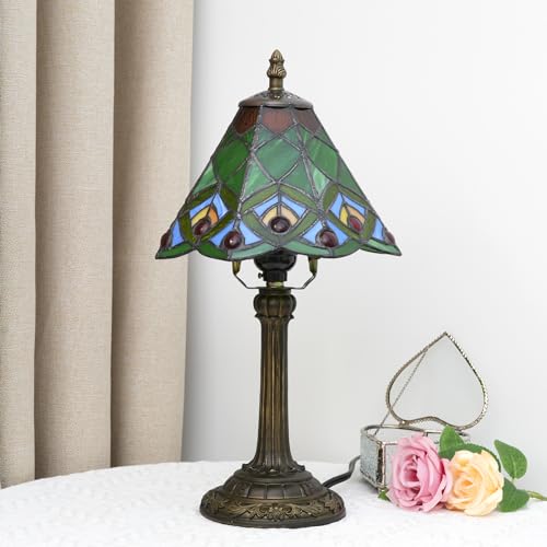 Blivuself Green Small Tiffany Lamp Stained Glass Table lamp Peacock Tail Bedroom Bedside Light for Living Room Dormitory Bar Retro Style Unique Cute funky Accent Decor Cottage 8" Village gift Nightstand Lamp - Image 5