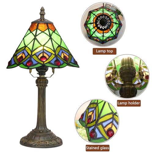 Blivuself Green Small Tiffany Lamp Stained Glass Table lamp Peacock Tail Bedroom Bedside Light for Living Room Dormitory Bar Retro Style Unique Cute funky Accent Decor Cottage 8" Village gift Nightstand Lamp - Image 4
